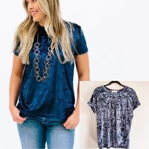 Sign Here Signature Blue Crushed Velvet Crew Neck Short Sleeve Oversized Tee XS